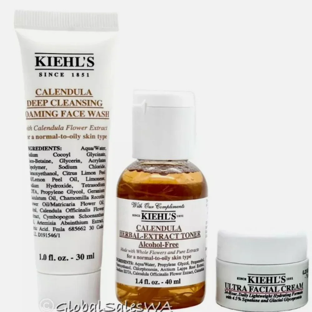 Kiehl's Ultra Facial Cream Calendula Foaming Face Wash & Toner Travel Bundle Set